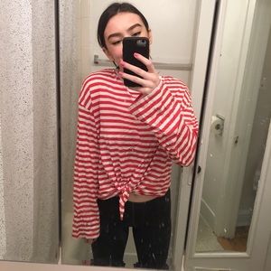 Red White Striped Long Sleeve Crop Top